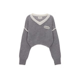 V NECK COLOR CROP KNIT PULLOVER IN GREY