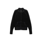 TWO TONE MIXED KNIT ZIP UP FOR WOMEN IN BLACK