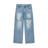 FRONT LAYERED DISTRESSED DENIM PANTS IN BLUE