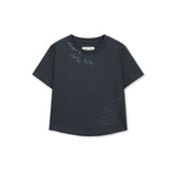 GRAFFITI ROUND HEM CROP TOP IN NAVY