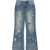 SLUB DAMAGE BOOTCUT DENIM PANTS IN BLUE