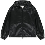 FAUX LEATHER APPLIQUE LOGO HOODY JUMPER IN BLACK