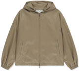 FAUX LEATHER APPLIQUE LOGO HOODY JUMPER IN BEIGE