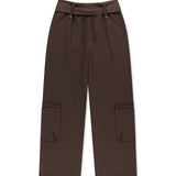 MIXED WAFFLE FOLDOVER WAIST JERSEY PANTS IN BROWN