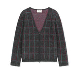 MOHAIR CHECK V NECK KNIT ZIP UP IN CHARCOAL