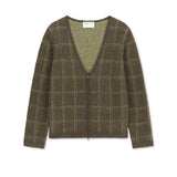 MOHAIR CHECK V NECK KNIT ZIP UP IN KHAKI BROWN
