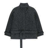 HAIRY WOOL BELTED HIGH NECK JUMPER IN CHARCOAL