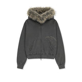 VINTAGE GRAFFITI FUR-TRIM HOODY ZIP UP IN CHARCOAL