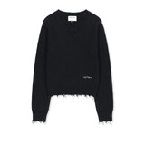 DISTRESSED HEM V NECK KNIT PULLOVER IN DARK NAVY