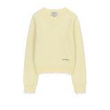 DISTRESSED HEM V NECK KNIT PULLOVER IN LIGHT YELLOW