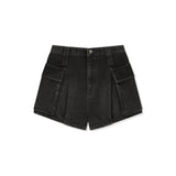 WASHED RIB DENIM BALLOON SHORTS IN DARK GREY