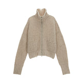 DAMAGE RIBBED HIGH NECK ZIP UP IN BEIGE