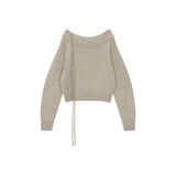 OFF SHOULDER STRING KNIT PULLOVER IN BEIGE