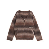 GRADATION KNIT ZIP UP CARDIGAN IN BROWN