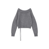 OFF SHOULDER STRING KNIT PULLOVER IN GREY