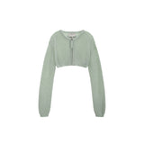 ROUND NECK CROP ZIP UP CARDIGAN IN LIGHT GREEN