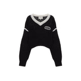 V NECK COLOR CROP KNIT PULLOVER IN BLACK